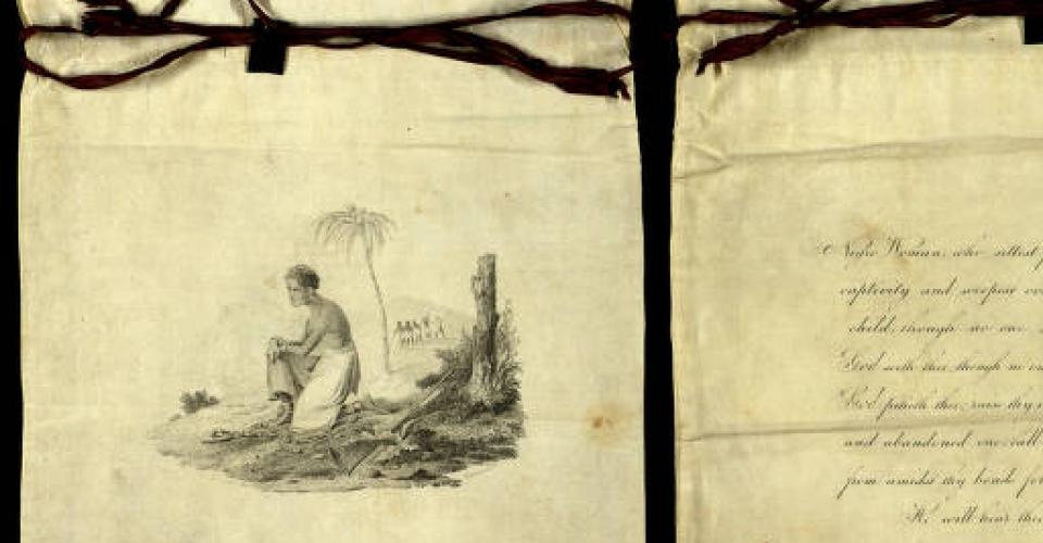  Version of image: kneeling slave in chains. Text on back: 'Negro Woman, who sittest pining in captivity and weepest over thy sick child: though no one seeth thee, God seeth thee: though no one pitieth thee, God pitieth thee; raise thy voice forlorn and abandoned one: call upon him from amidst thy bonds for assuredly He will hear thee.' 